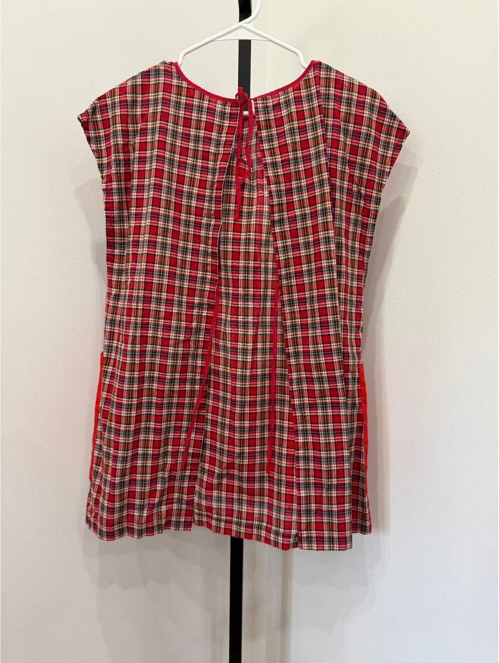 Vintage Red Plaid Apron with Red Accent and Embroidered Fish Pocket
